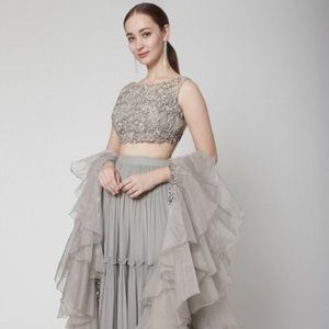 AZA Fashions: Grey Net Embroidery Round Tiered Lehenga Set For Women – SIZE XS